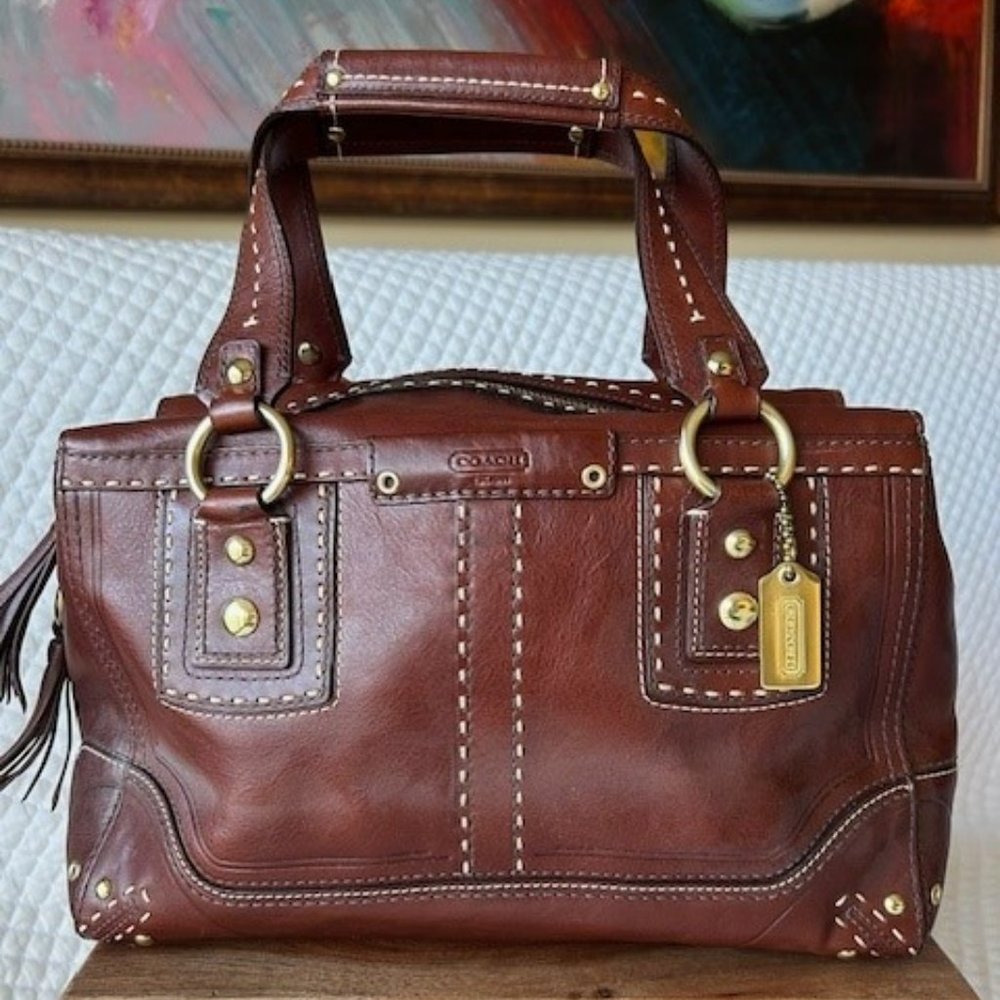 Coach Brown Leather Satchel with Gold-Tone Hardware and Tassel